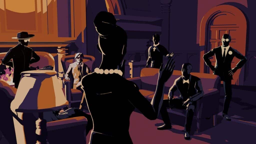 Stylized scene of six people in a dimly lit room, some seated and others standing, engaged in conversation about playing Netflix Games on TV.