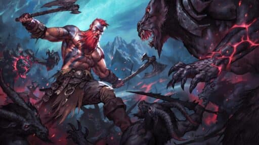 A muscular, red-bearded warrior fights off monstrous beasts with axes in a dramatic, snowy mountain scene.