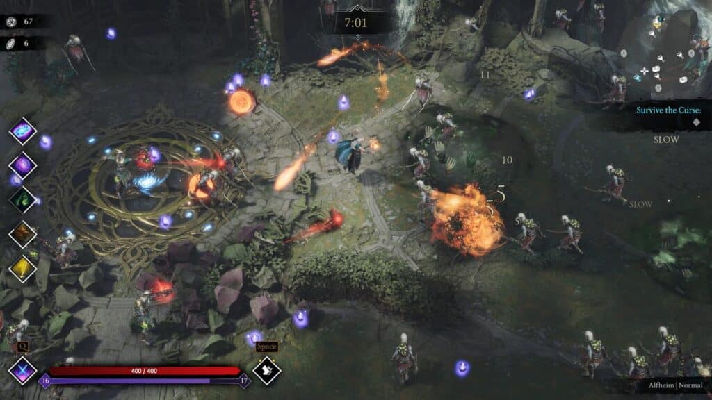 A fantasy game scene with a character battling skeleton enemies using magic and fire attacks in ancient ruins.