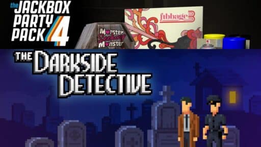 Split image: Jackbox Party Pack 4 games on top, Darkside Detective pixel art graveyard scene on bottom, both featured as Epic Games Store free games.