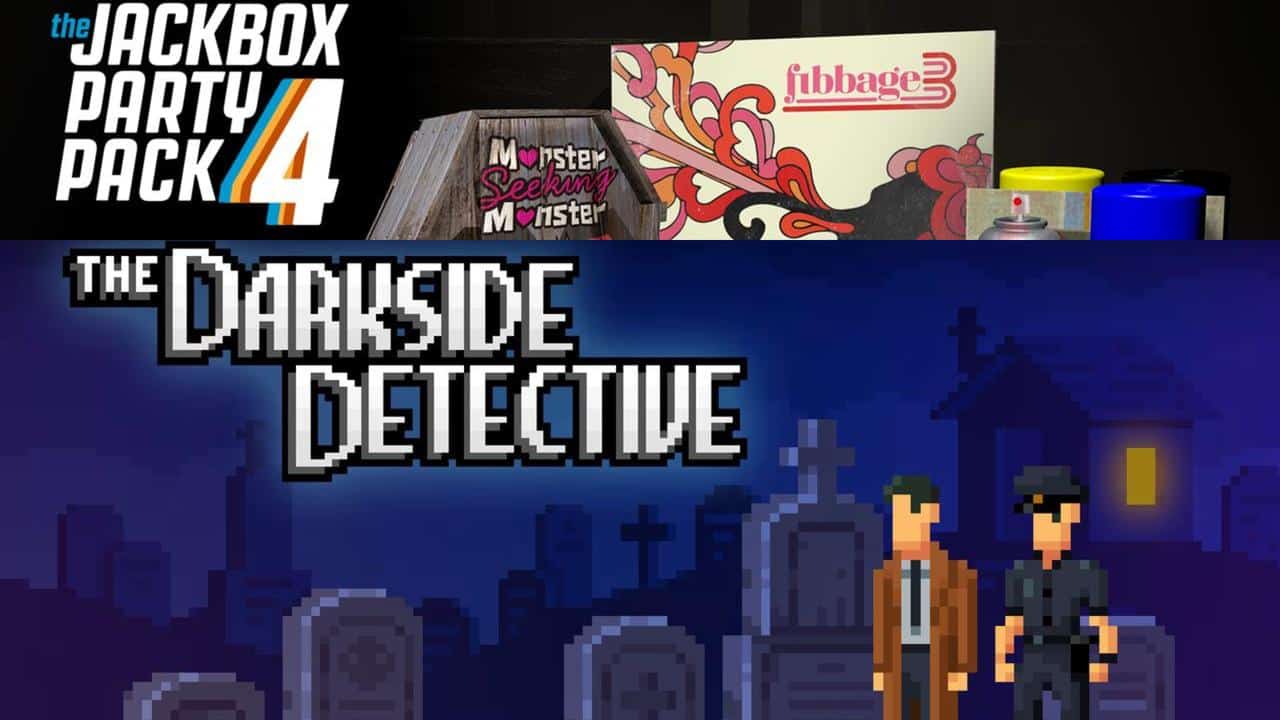 Split image: Jackbox Party Pack 4 games on top, Darkside Detective pixel art graveyard scene on bottom, both featured as Epic Games Store free games.