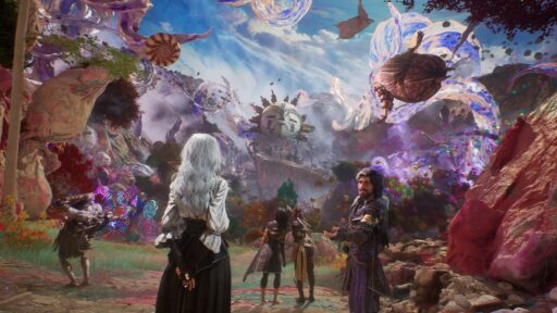 Four fantasy characters face a chaotic, magical landscape with swirling colors and bizarre floating shapes.