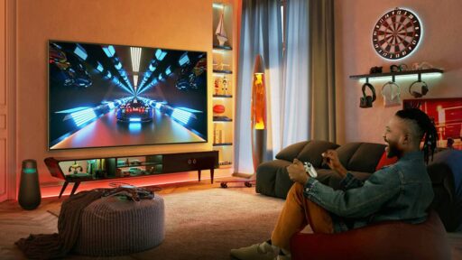 Cloud gaming on a large living room TV, showing how streaming has become a primary way to play games without a console.