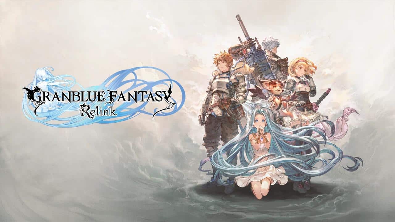 Four fantasy characters stand together with "Granblue Fantasy: Relink" logo on a light background.