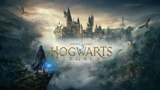 A cloaked figure faces Hogwarts Castle with a dragon overhead and "Hogwarts Legacy" in gold text, capturing the magic of adventure—perfect for fans seeking their next quest among Epic Games Store free games.