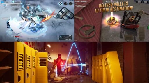 A collage of four video game scenes featuring action, forklifts, lockers, and neon game elements.