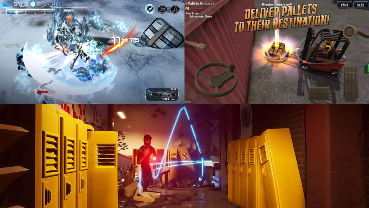 A collage of four video game scenes featuring action, forklifts, lockers, and neon game elements.