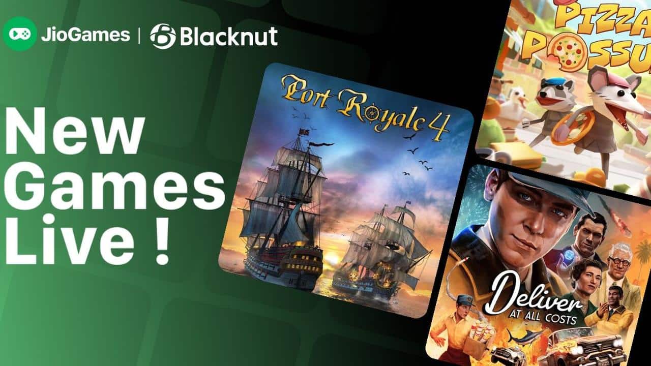 New games live on JioGames Blacknut, featuring Port Royale 4, Pizza Possum, and Deliver at All Costs.