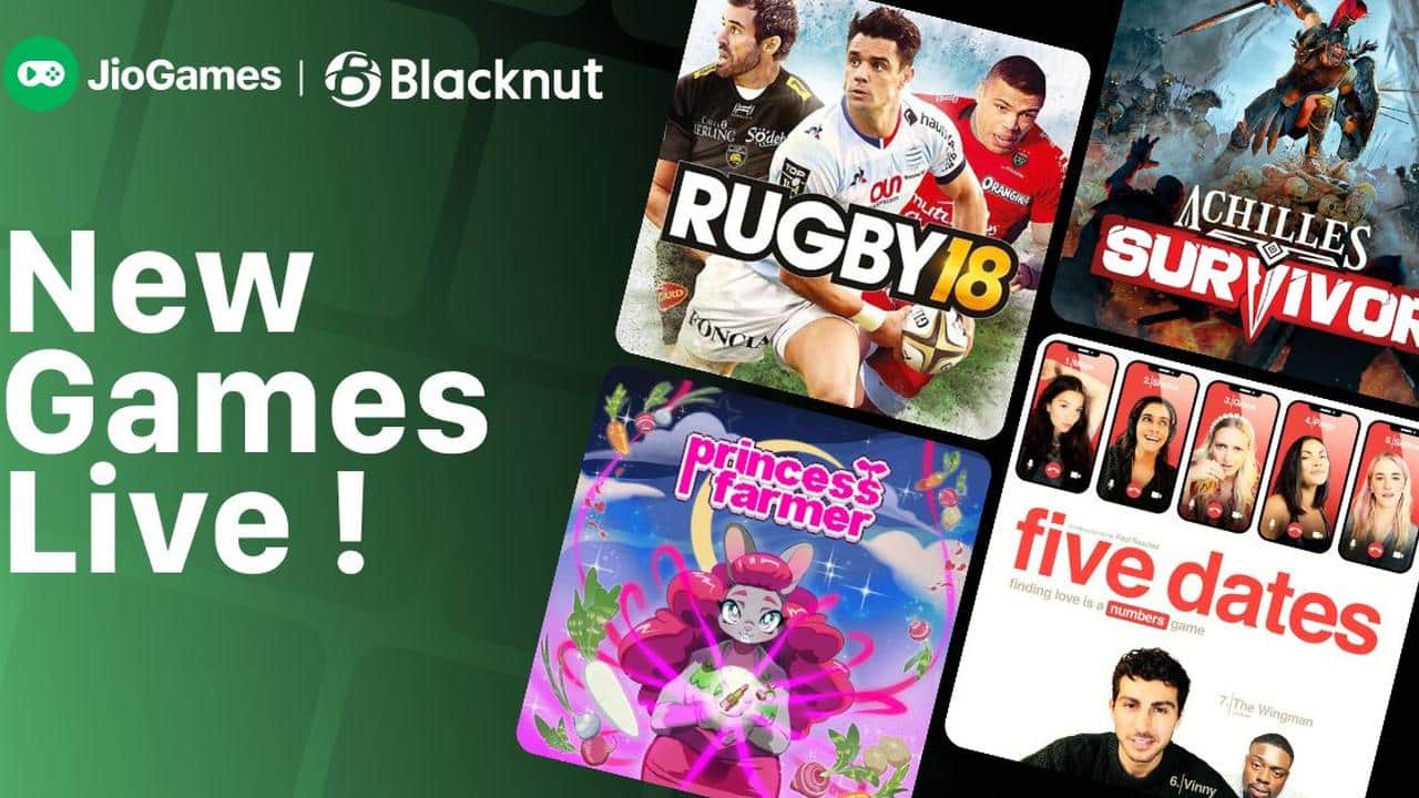Green banner with "New Games Live!" and covers of Rugby 18, Princess Farmer, Five Dates, and Achilles: Legends Untold—discover these JioGames Cloud new games now!.