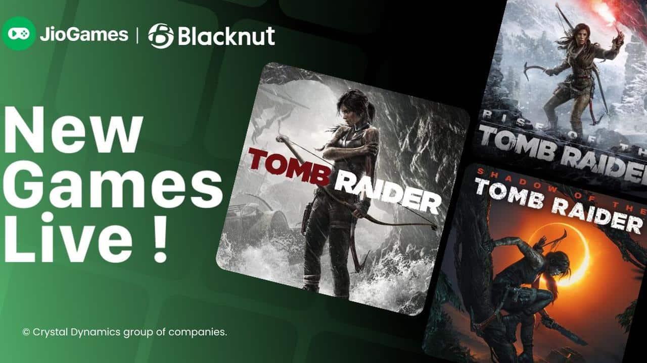 Promo image for new Tomb Raider games live on JioGames Blacknut, showing three Tomb Raider game covers.