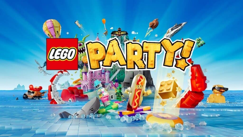Colorful LEGO characters and builds surround the words "LEGO PARTY!" on a bright blue background, inspired by the fun of Netflix Games on TV.