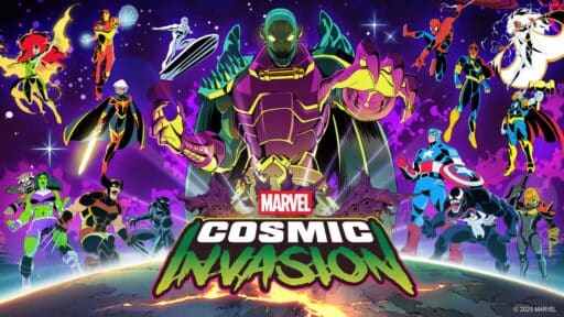 Marvel superheroes prepare for battle against a giant cosmic villain in space, with bold "Marvel Cosmic Invasion" text below.