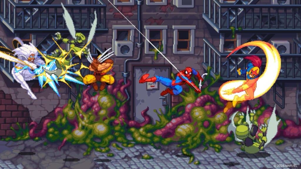 Four superheroes battle in front of an alley wall with green ooze during a Marvel Cosmic Invasion; one swings on a web while another slashes claws.