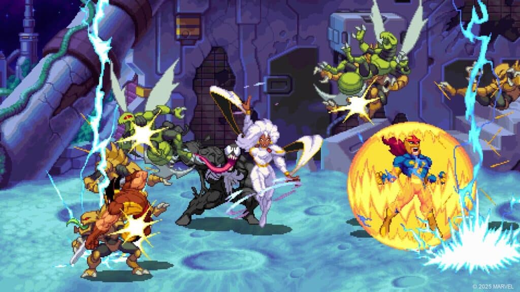 Two superheroes battle green monsters with lightning and energy blasts in a pixel art sci-fi setting inspired by Marvel Cosmic Invasion.