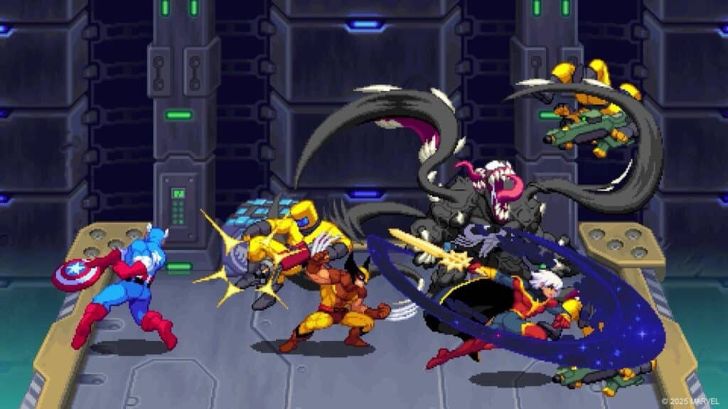 Four Marvel superheroes battle a villain with tentacles on a futuristic platform, in pixel art style, during a Marvel Cosmic Invasion.