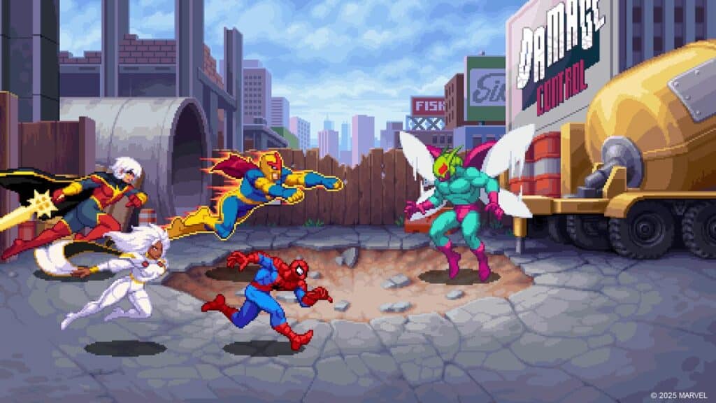 Four Marvel heroes charge toward a villain during a Marvel Cosmic Invasion in an urban alley, illustrated in retro pixel art style.