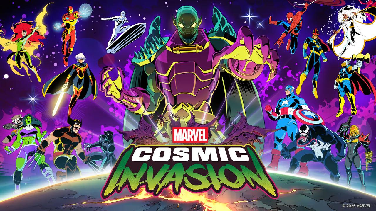 Marvel superheroes prepare for battle against a giant cosmic villain in space, with bold "Marvel Cosmic Invasion" text below.