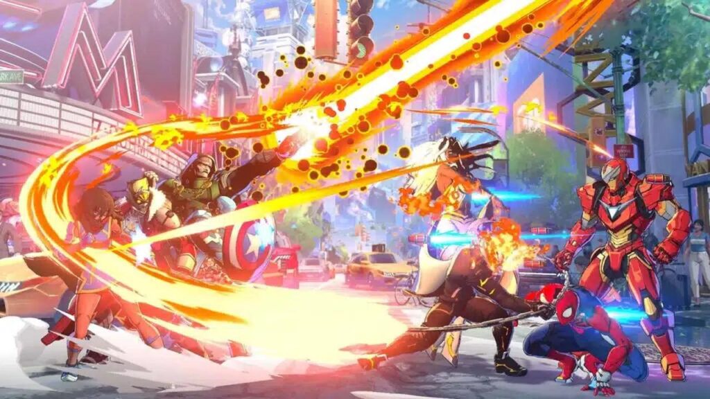 Marvel superheroes, including Captain America and Iron Man, clash in a vibrant city street with energy blasts—just like the action-packed scenes from Marvel Tokon Fighting Souls beta impressions.