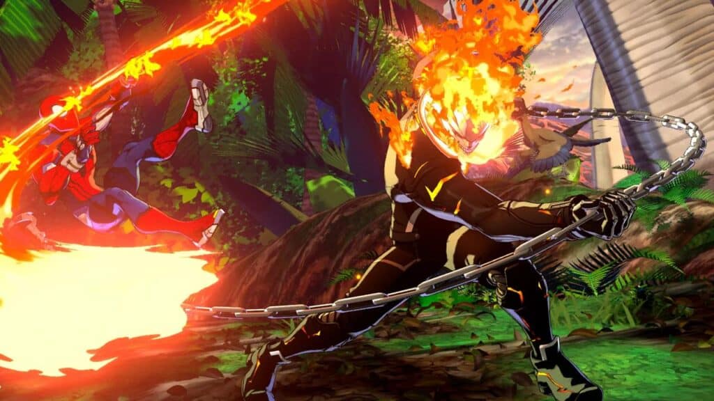 Flaming skull hero swings a chain at a red-costumed opponent in a vibrant jungle setting, bringing Marvel Tokon Fighting Souls beta impressions to life.