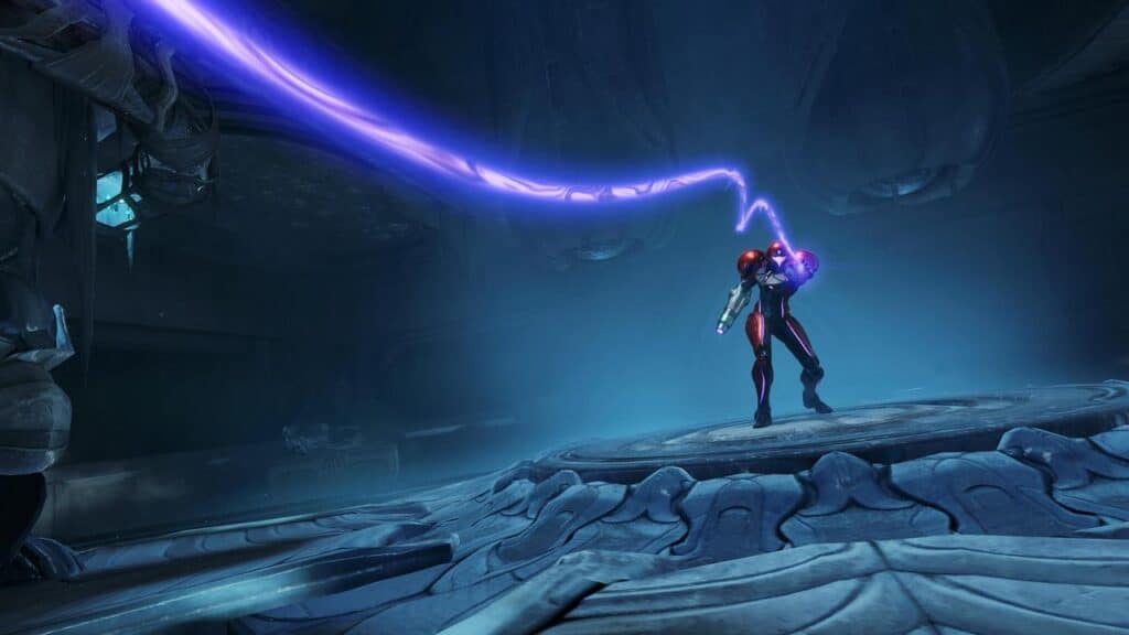 Samus from Metroid Prime 4: Beyond fires a purple energy beam in a dark, futuristic sci-fi environment.
