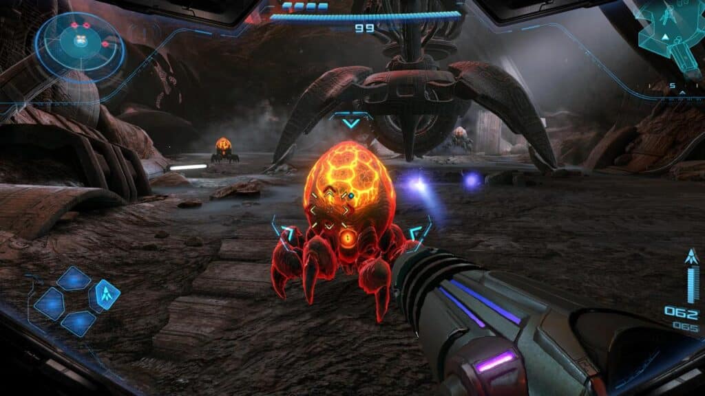 First-person view aiming at a glowing, spider-like monster in a sci-fi cavern with game HUD elements visible, evoking the intense atmosphere of Metroid Prime 4: Beyond.
