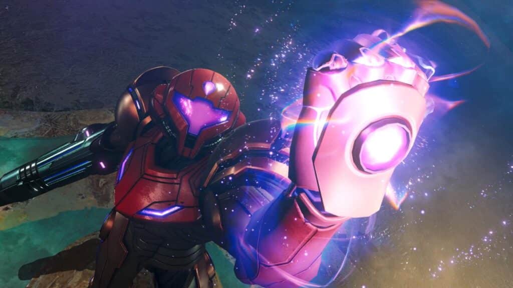 Samus with a glowing purple visor lifts a fist surrounded by swirling, colorful energy, capturing the intense action and vibrant style of Metroid Prime 4: Beyond.