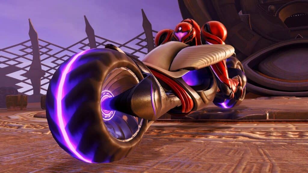 Futuristic red motorcycle with glowing purple tires races on a sci-fi track at sunset, from the dynamic worlds of Metroid Prime 4: Beyond.