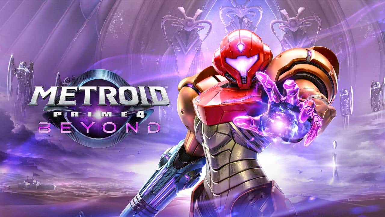 Armored character Samus stands with a glowing hand as the title "Metroid Prime 4: Beyond" appears beside her.