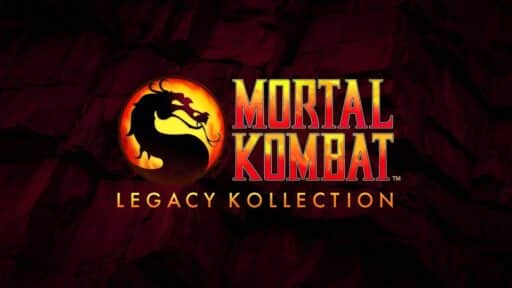 Mortal Kombat: Legacy Kollection logo featuring a black dragon symbol on a red, rocky background.