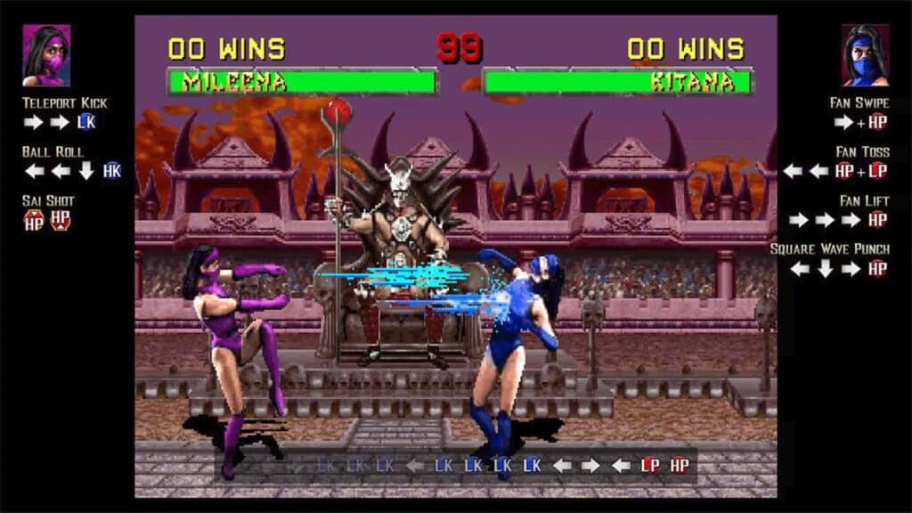 Mileena and Kitana clash in a Mortal Kombat: Legacy Kollection game scene, move lists displayed and a statue looming in the background.