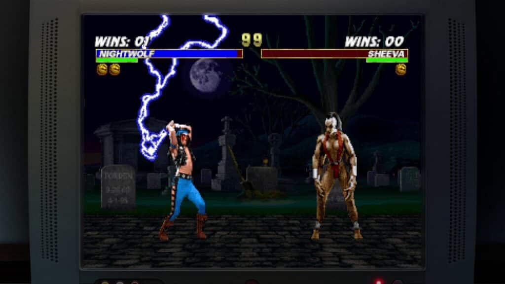 A Mortal Kombat: Legacy Kollection fighting game screen shows Nightwolf and Sheeva in a graveyard at night with lightning in the sky.