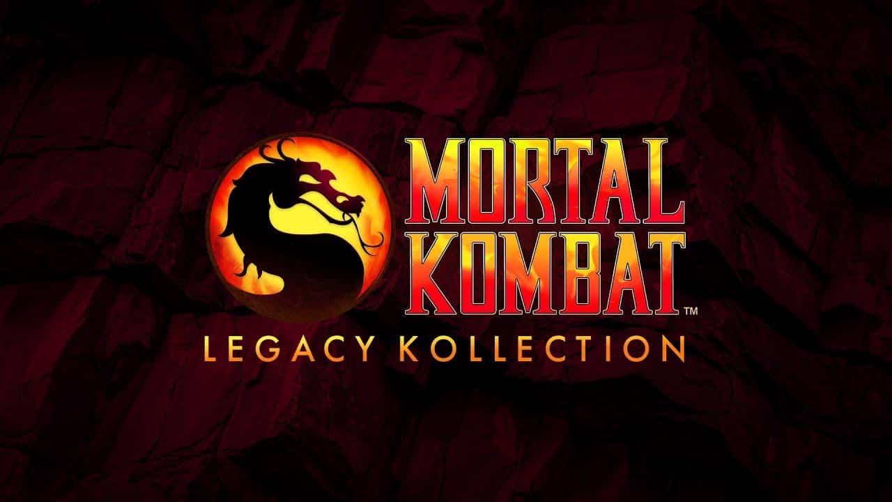Mortal Kombat: Legacy Kollection logo featuring a black dragon symbol on a red, rocky background.