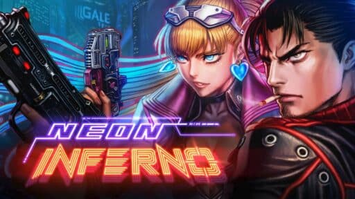 Two futuristic characters with neon light effects, armed with guns, stand beneath the glowing "Neon Inferno" text, capturing the pulse of a cyberpunk world.