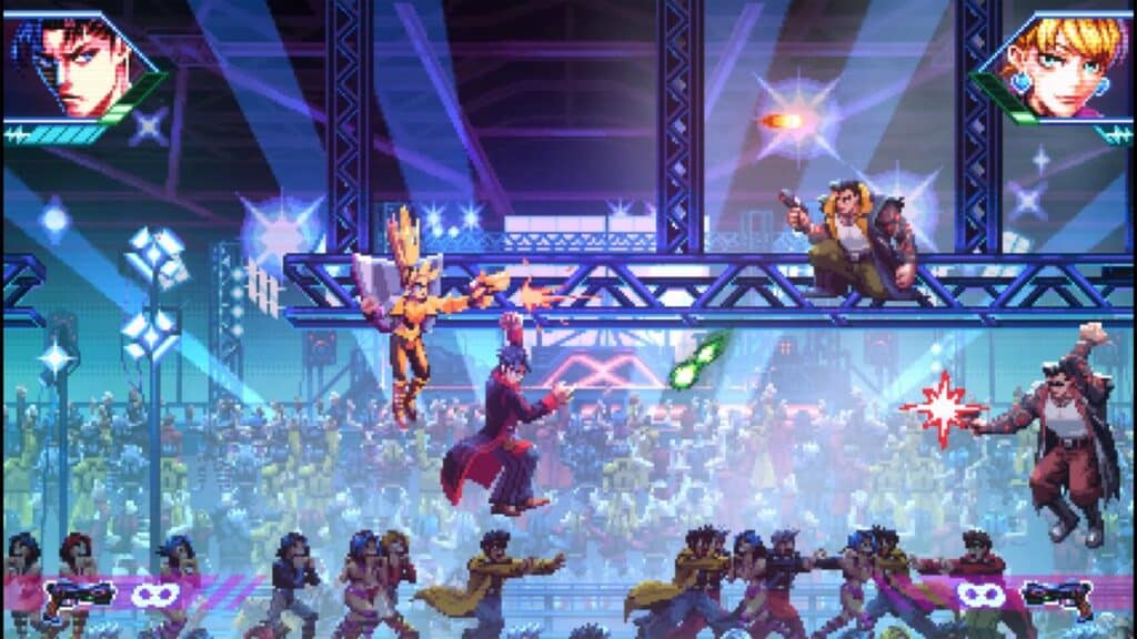 Neon Inferno game scene with four characters battling on a stage above a cheering crowd, illuminated by the glow of the Neon Inferno.