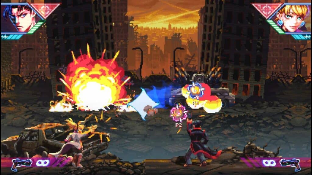 In Neon Inferno, two characters battle in a pixel art city ruin; explosions and neon infernos light up the dark, destroyed streets.