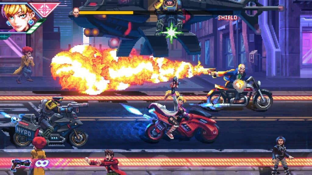 Pixel art game scene: In the heart of the Neon Inferno, motorcycles race as a flying robot attacks with fire. Characters dodge and shoot in a blaze of pixelated chaos.