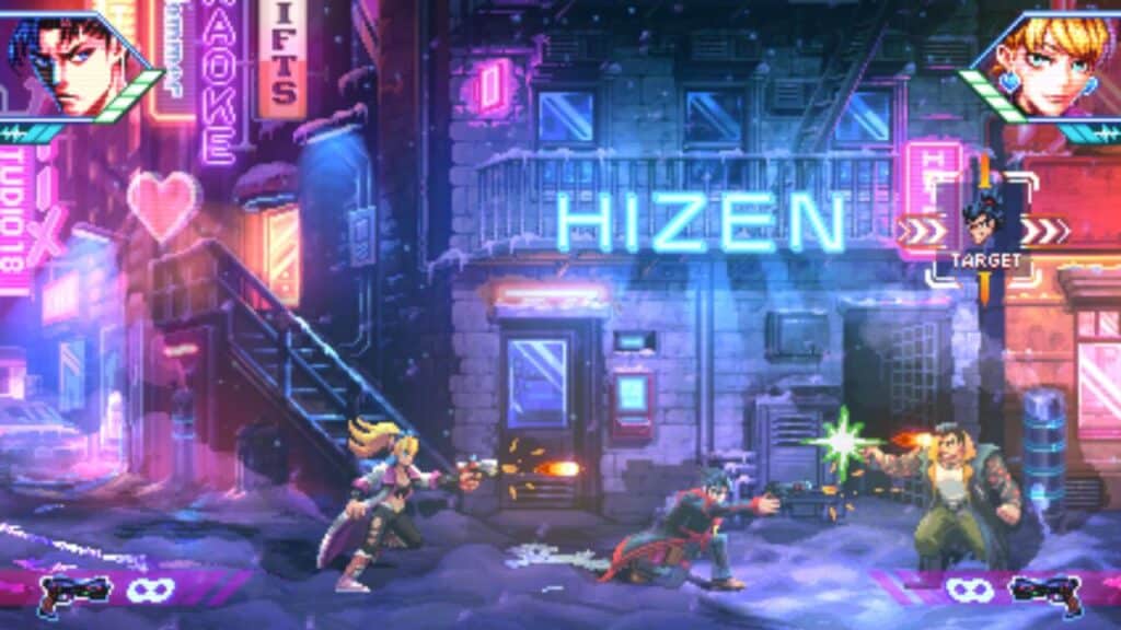 Pixel art fight scene in a neon-lit city street, two characters battling with weapons amid bright effects from Neon Inferno.