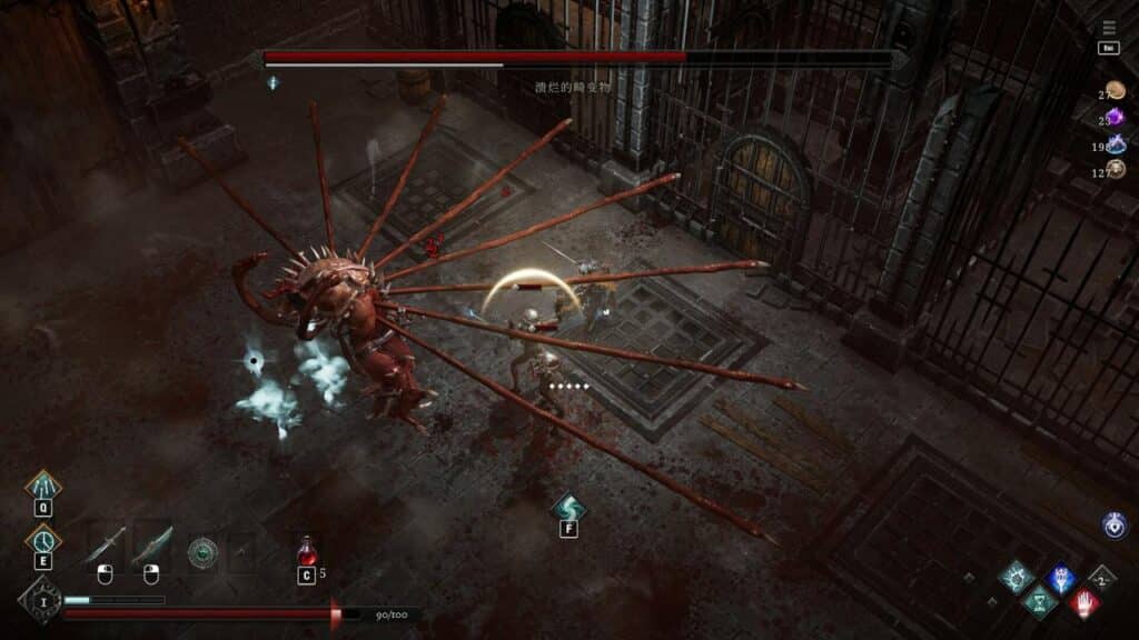 A player battles a large spiked monster in a dark, dungeon-like environment, facing the terrifying wrath of the Netherworld Covenant.
