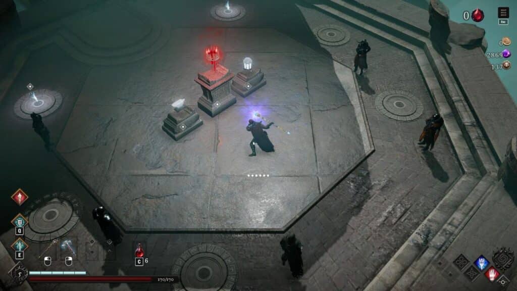A game character stands on a platform, surrounded by enemies and glowing symbols in a dark, mystical setting, bound by the Netherworld Covenant.