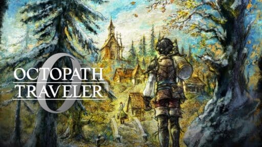 A traveler stands before a rustic village surrounded by trees, with "Octopath Traveler 0" text on the left.