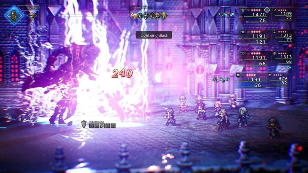 Eight heroes clash with a shadowy foe amid brilliant lightning effects and soaring damage numbers in this pixel art adventure reminiscent of Octopath Traveler 0.