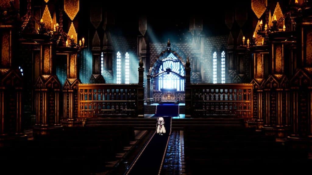 A lone figure kneels on a blue carpet in a grand, dimly lit cathedral with stained glass windows, evoking the mysterious ambiance of Octopath Traveler 0.