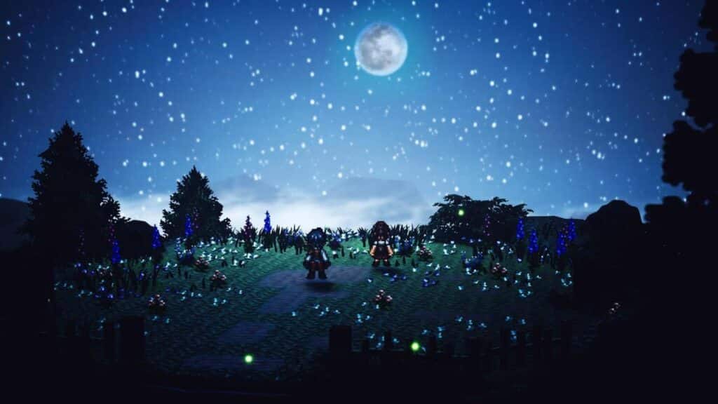 Pixel art characters, inspired by Octopath Traveler 0, stand in a glowing field under a starry night sky with a bright full moon.