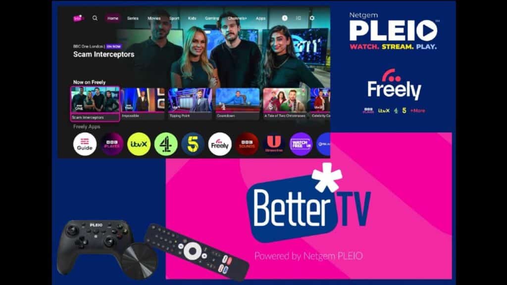 Collage showing TV interface, streaming apps, a controller, a remote, and the Better TV logo by Netgem PLEIO, now featuring access to PLEIO cloud gaming.