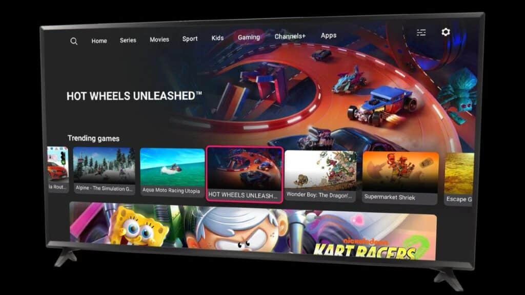 A TV screen displays a gaming menu featuring "Hot Wheels Unleashed" and other trending games, all accessible through PLEIO cloud gaming.