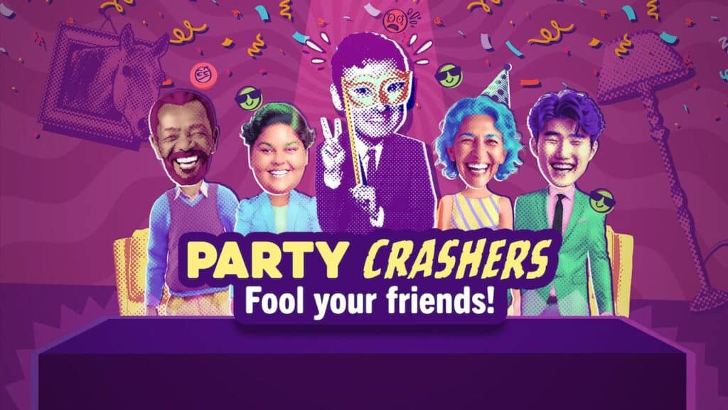 Five cartoon-style people at a party, with text: "Party Crashers. Fool your friends!" on a bright background—perfect for fans of Netflix Games on TV.