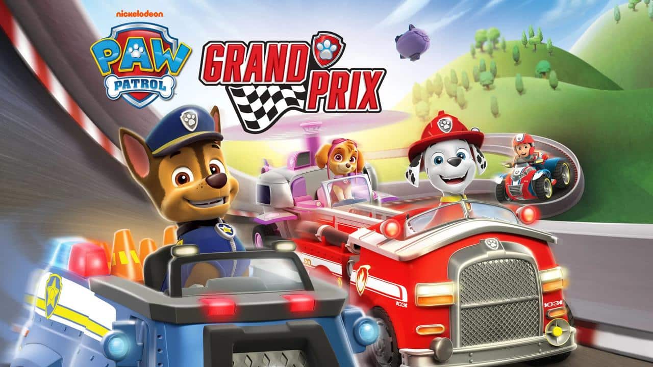 Paw Patrol pups race in vehicles on a winding track with a "Grand Prix" sign in the background.