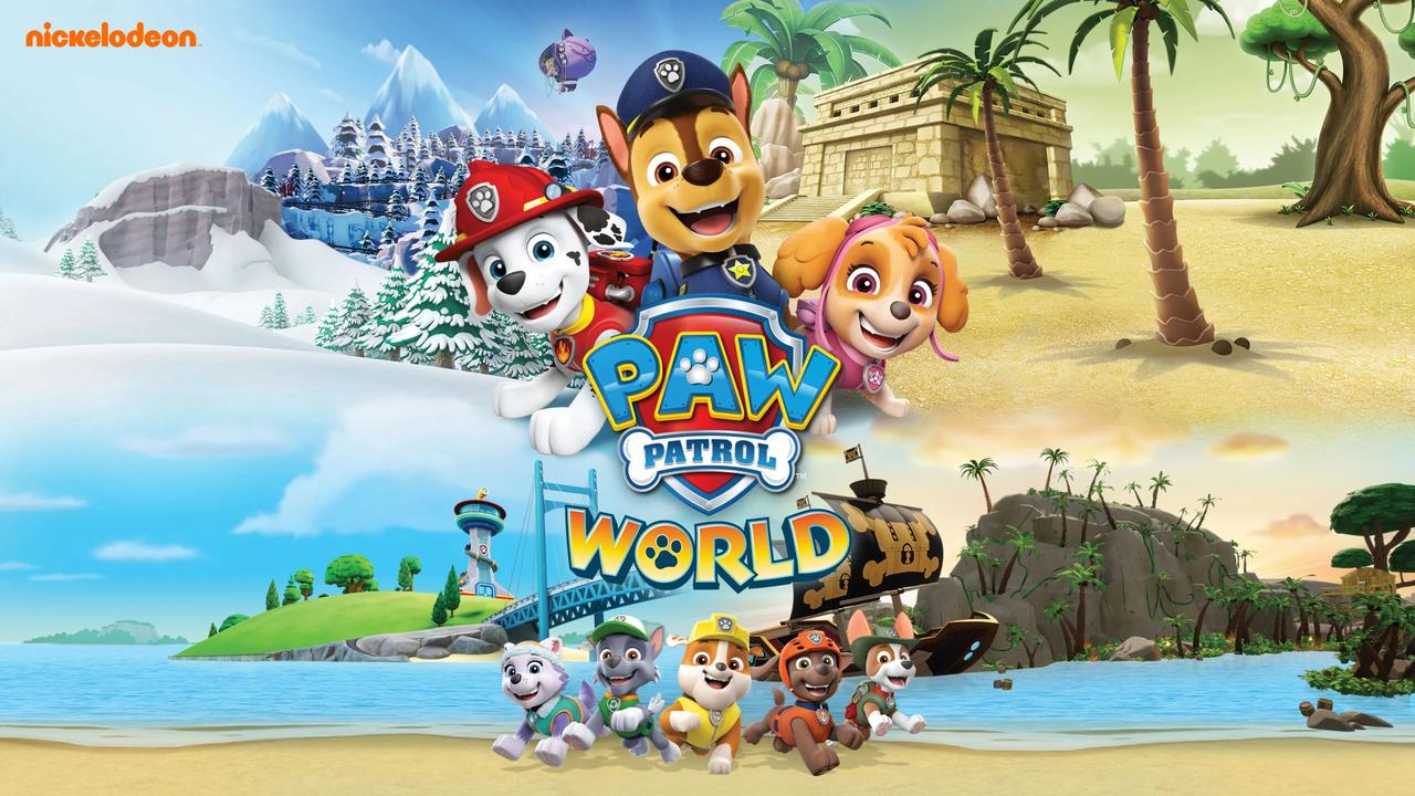 PAW Patrol pups pose in front of different world locations, with the PAW Patrol World logo in the center.