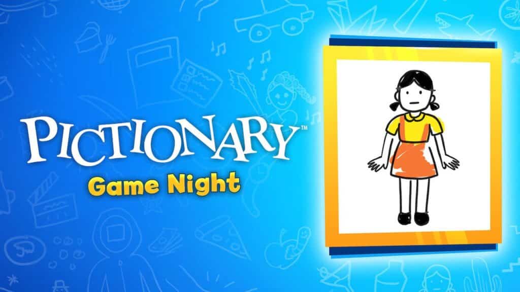 Pictionary Game Night logo featuring a girl in a yellow shirt and orange skirt, inspired by the fun of Netflix Games on TV.