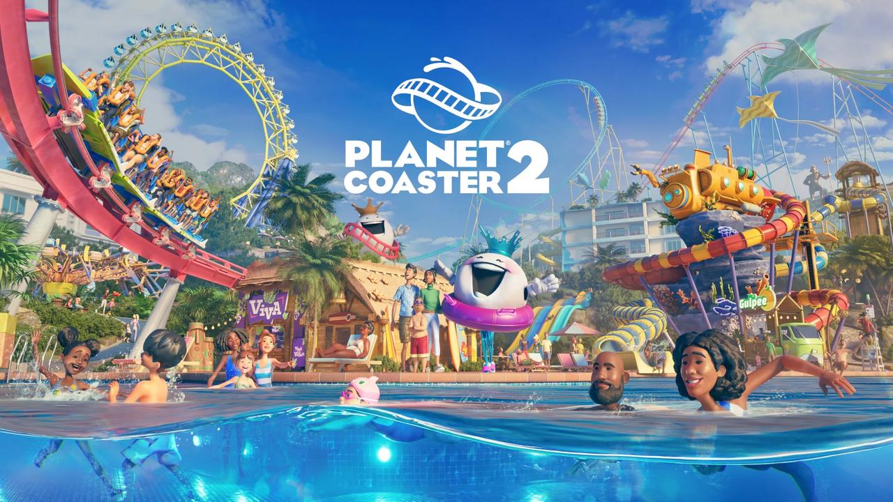 People swimming in a pool at an amusement park with rides, palm trees, and the "Planet Coaster 2" logo above.